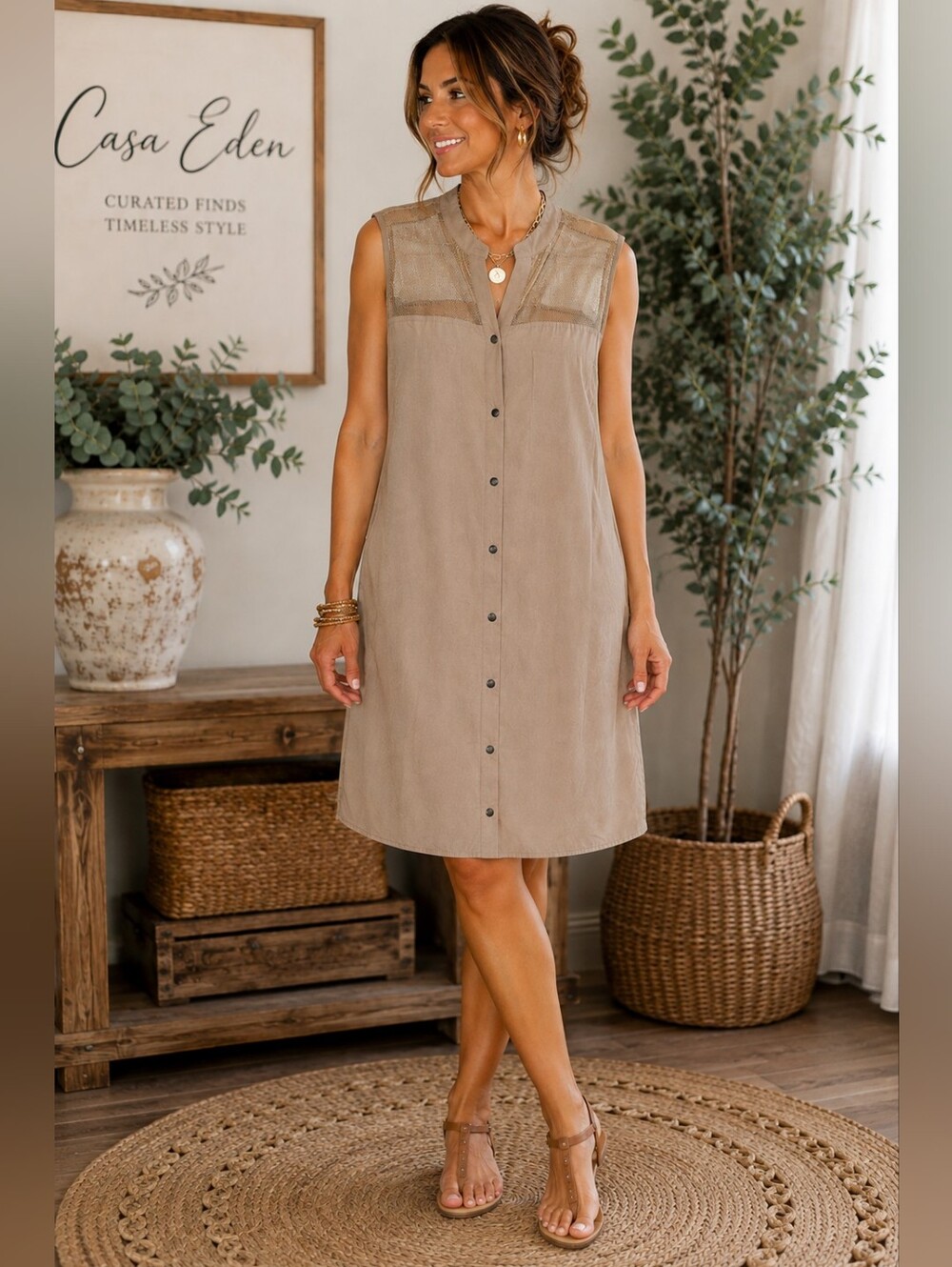 Worthington Taupe Mesh Yoke Sleeveless Shirt Dress Size 14 Utility Safari